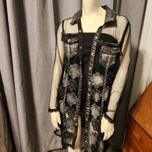 Adore Denim W Sheer Mesh Panal Duster Jacket Stud & Flower Applique Sz M Goth